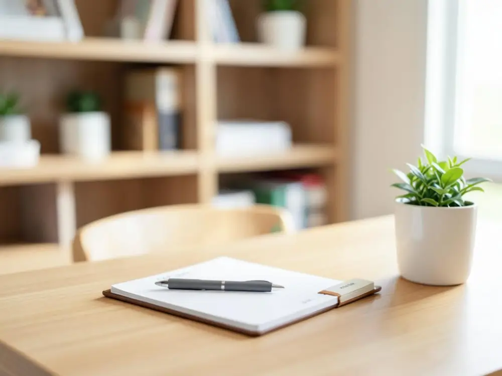 Warm consulting desk with notepad and plant