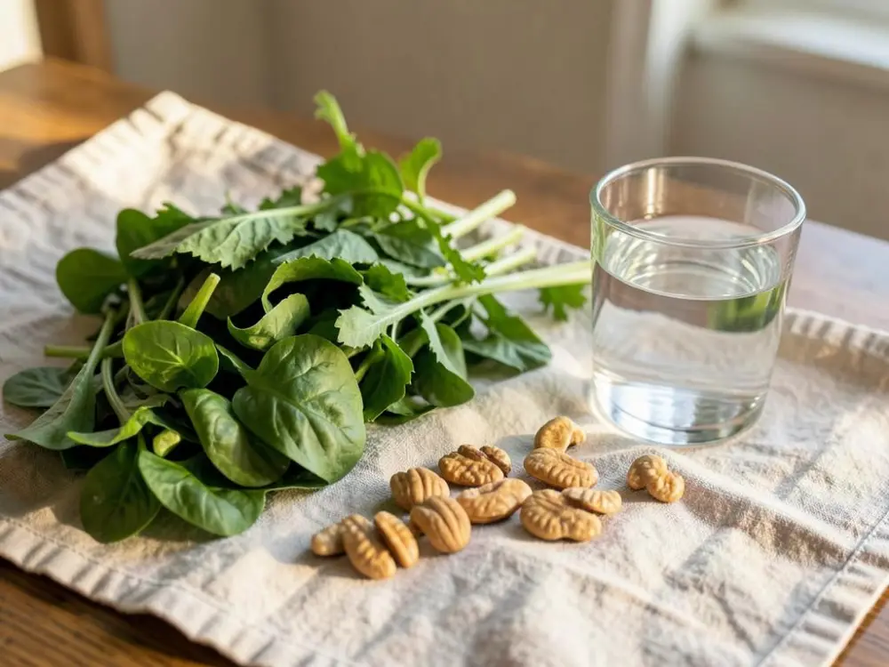 Fresh greens and nuts on linen beside a glass of water