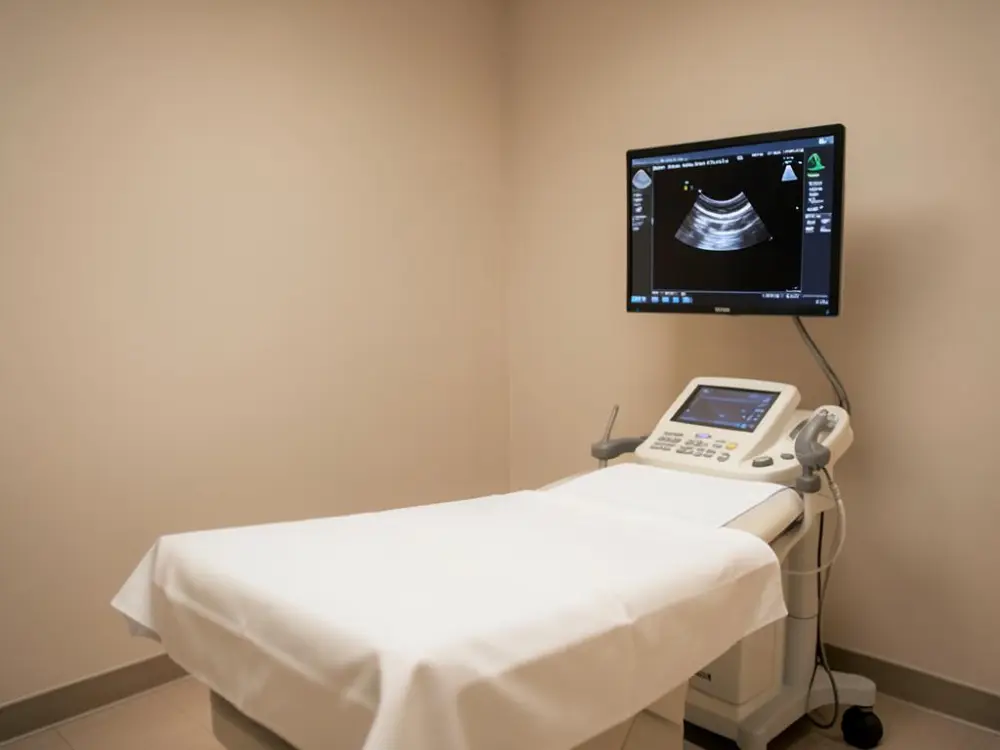 Ultrasound room with scanning machine and clean examination couch